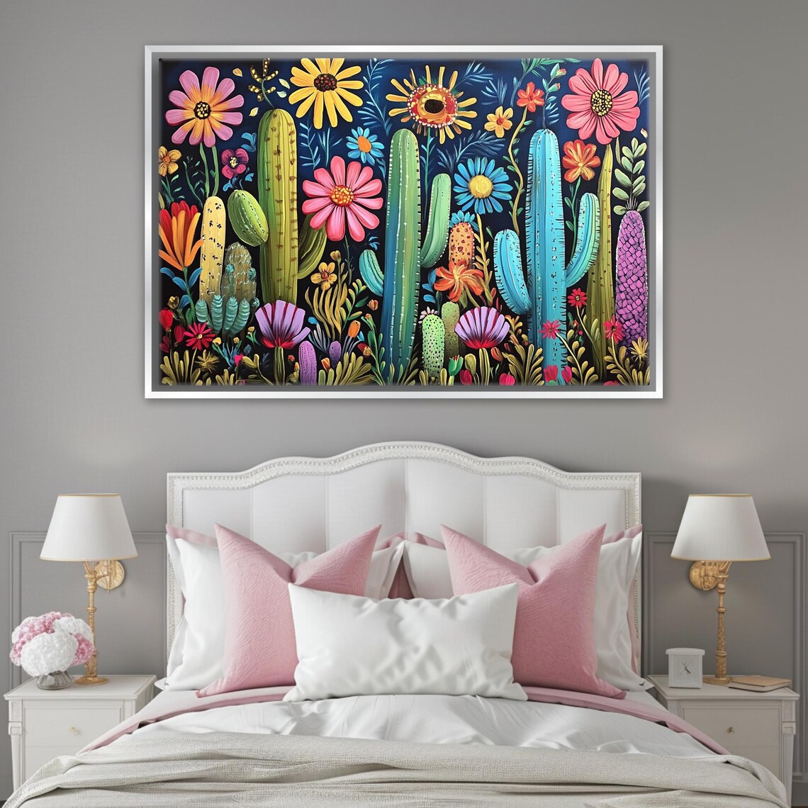 Colorful Cactus Garden With Blooms Dark Background Botanical Wall Art - Image 5