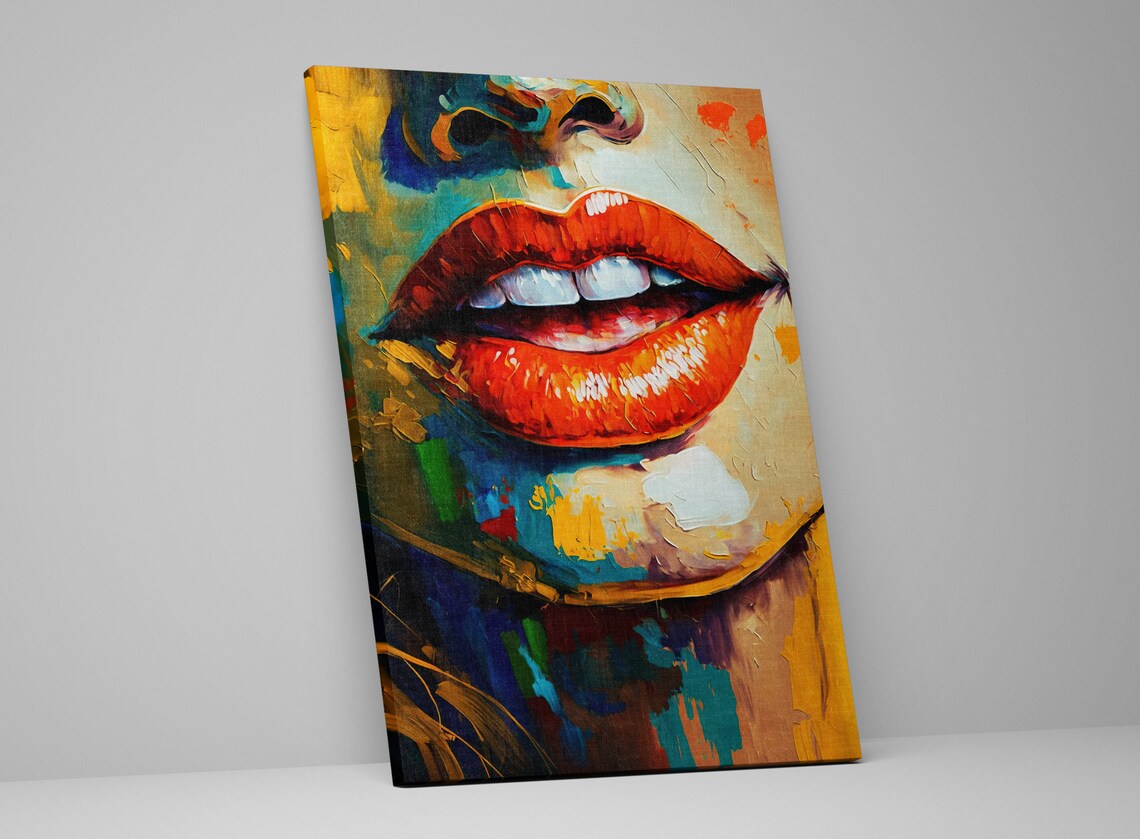 Red Lips Seductive Mouth Pop Art Feminine Colorful Oil Painting Large Wall Art Print - Image 4