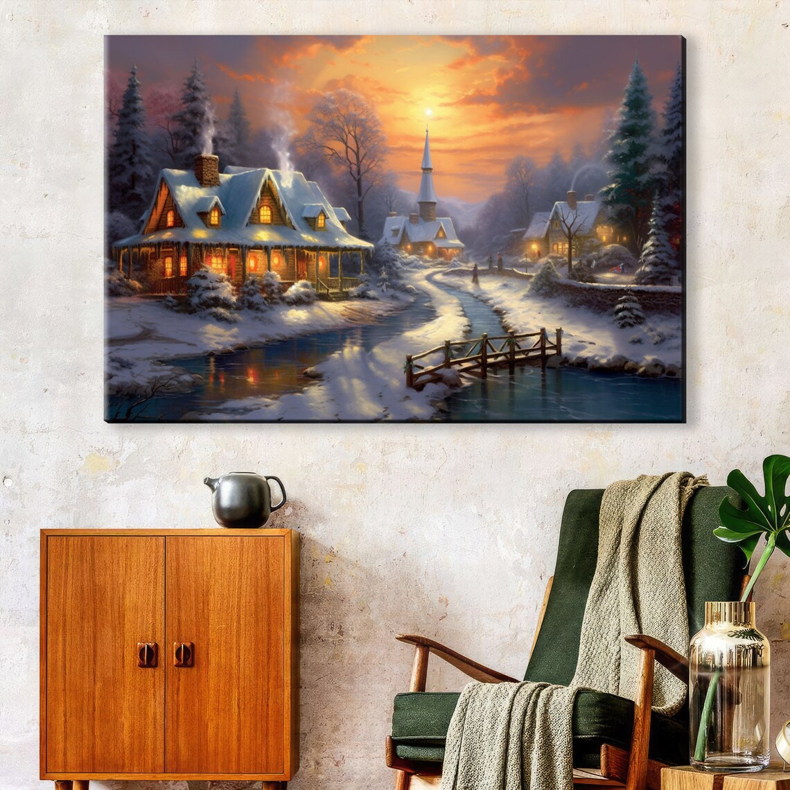 Snowy Village Church Glowing Cottage Winter Sunset Cozy Painting Print - Image 2