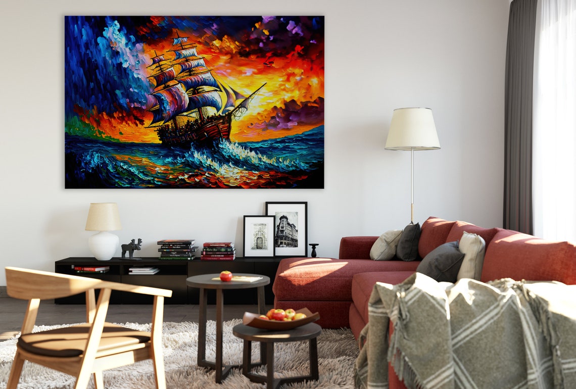 Stormy Seas Pirate Ship Dramatic Fiery Sunset Ocean Waves Art Poster - Image 2
