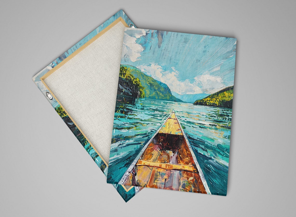 Canoe Bow Turquoise Mountain Lake Green Hills Adventure Poster - Image 4