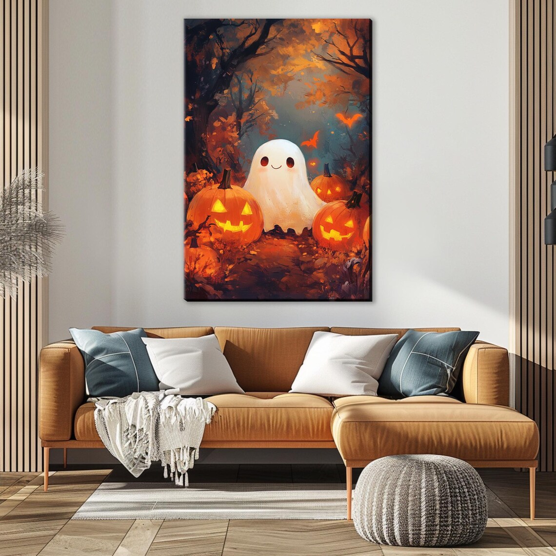 Cute Ghost With Jack O Lanterns Autumn Forest Night Halloween Art Poster - Image 5