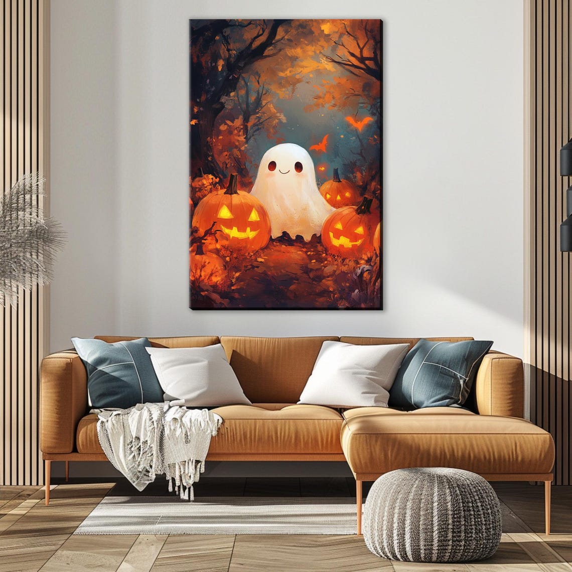 Cute Ghost With Pumpkins Art Festive Halloween Framed Or Unframed Gallery Wrapped Gicle Ready To Hang Extra Large Wall Art - Image 5