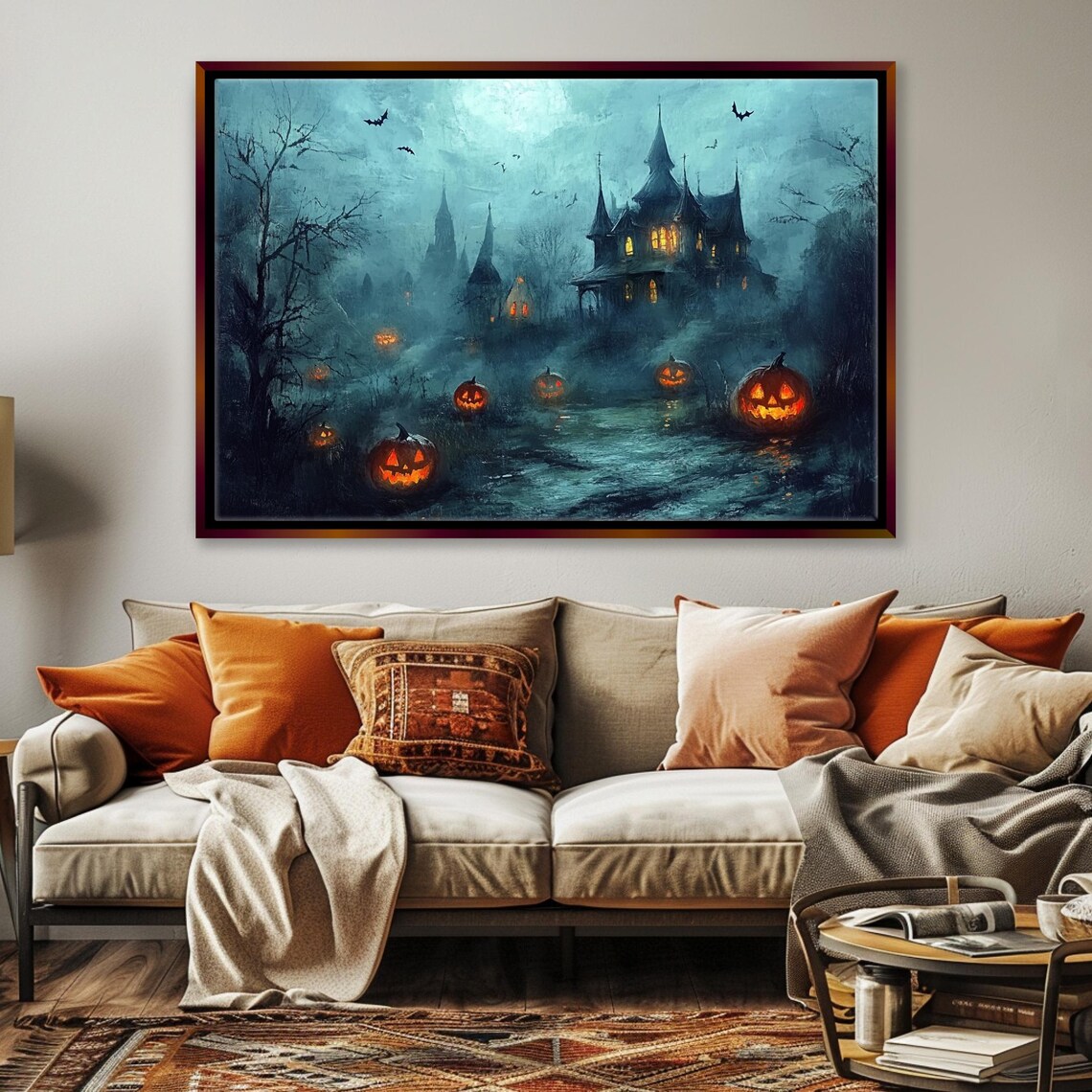 Spooky Haunted House Night Jack O Lanterns Moonlight Halloween Wall Art - Image 3