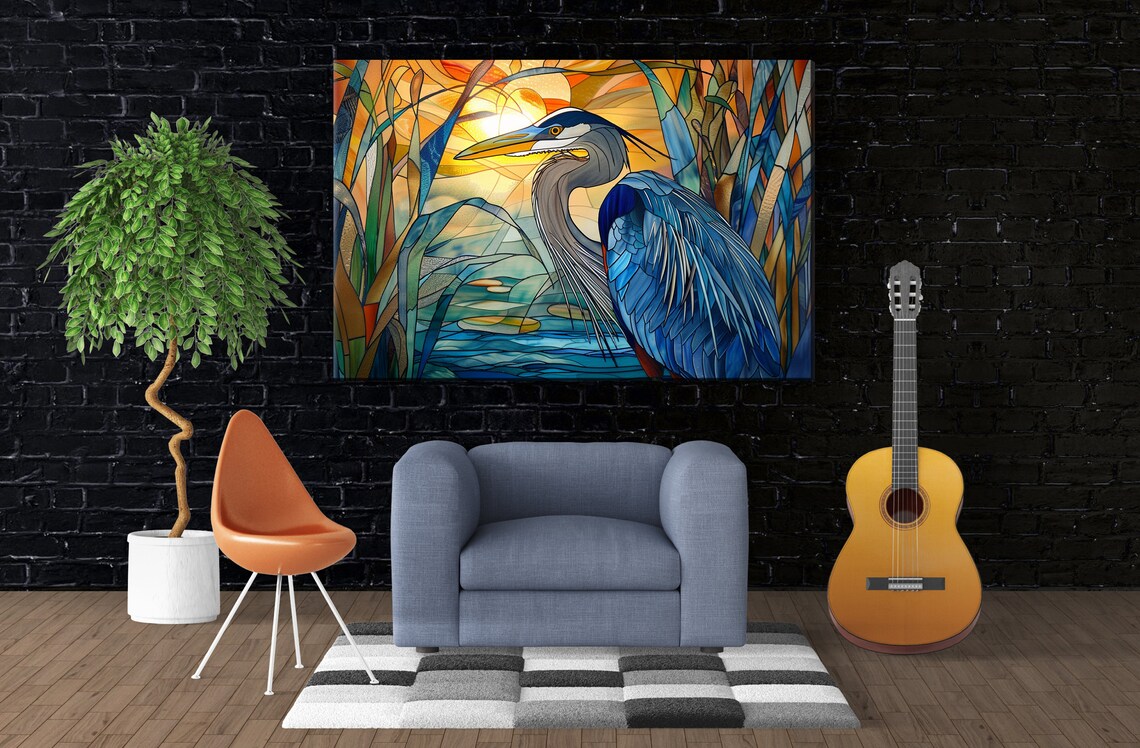 Blue Heron Stained Glass Golden Sunrise Close Up Wildlife Poster - Image 3