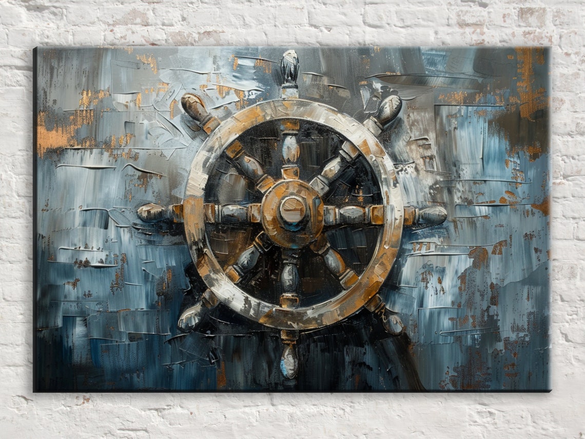 Antique Ships Wheel Blue Gray Gold Impasto Nautical Maritime Poster