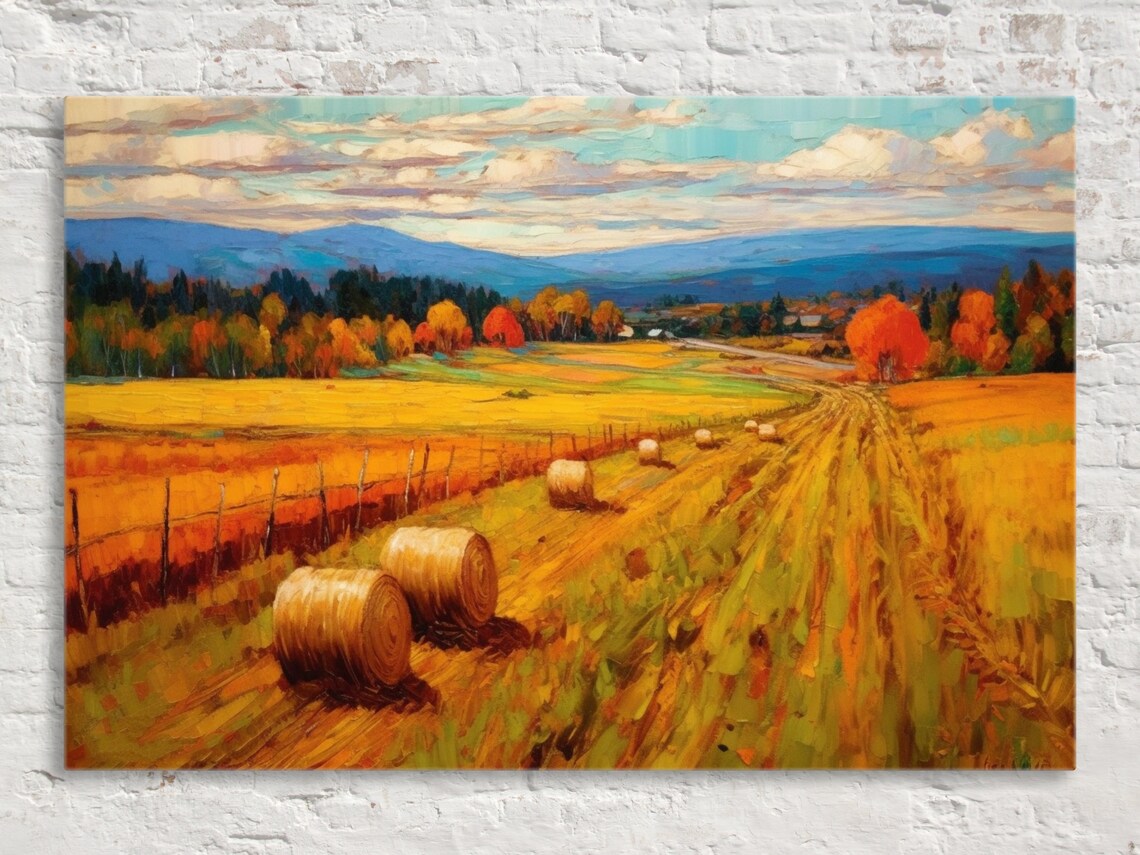 Golden Autumn Countryside Hay Bales Field Mountain Valley Poster