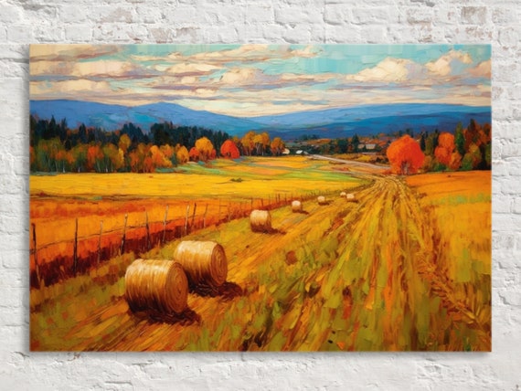 Countryside Beauty Rural Field With Hay Bales Wall Art Giclee Print On Gallery Wrapped Artist Available In Extra Large Sizes