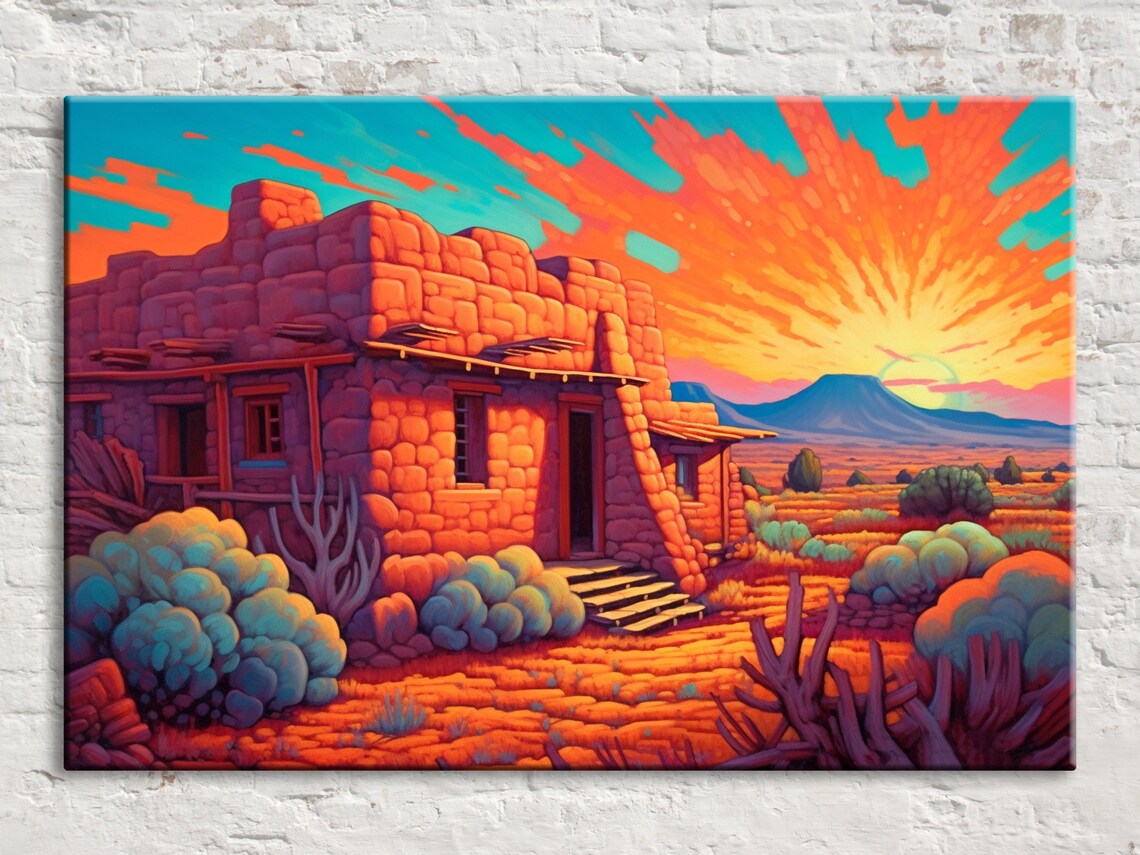 Spanish Adobe Pueblo House Desert Sunset Southwest Heritage Travel Poster