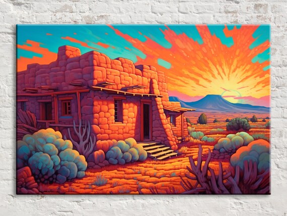 Spanish Adobe Pueblo House Desert Sunset Southwest Heritage Travel Poster