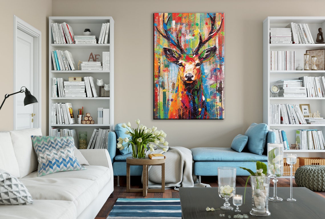 Deer Head Pop Art Splash Colorful Paint Drip Bold Modern Animal Poster - Image 2