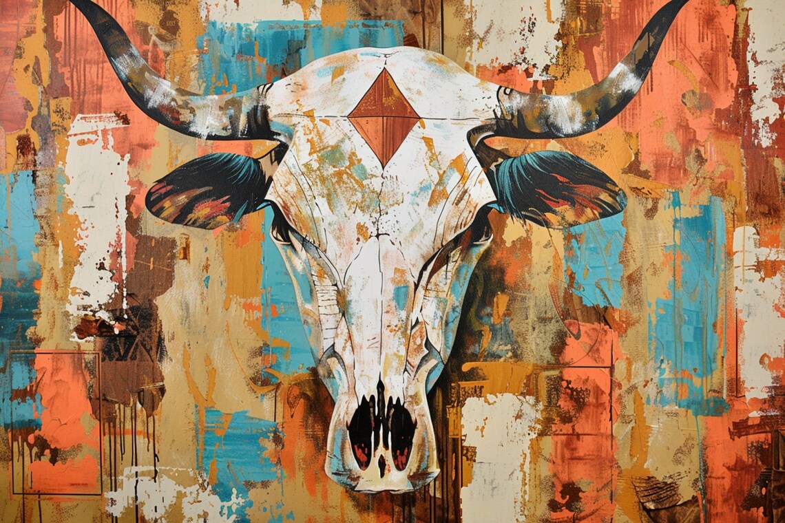 Longhorn Cow Skull White Turquoise Orange Abstract Western Art Poster - Image 5