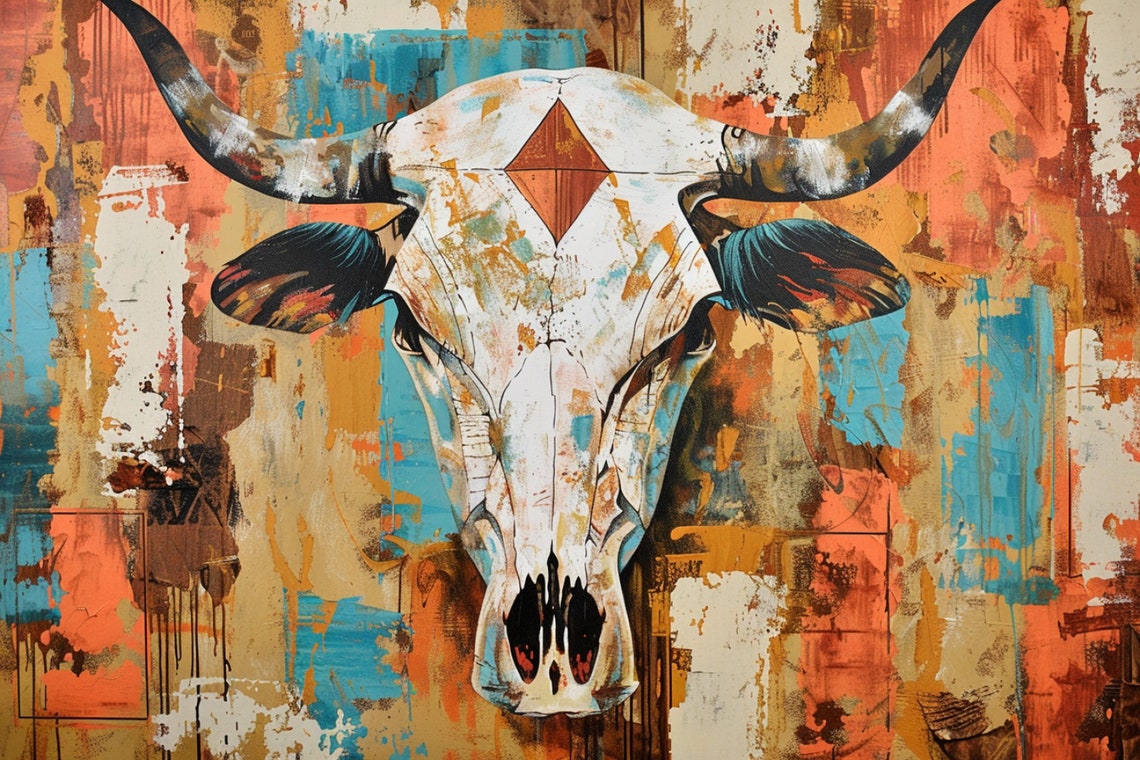 Rustic Texas Style Cow Skull Wall Art Gicle Print On Gallery Wrapped Artist Ready To Hang Available In Extra Large Sizes - Image 5