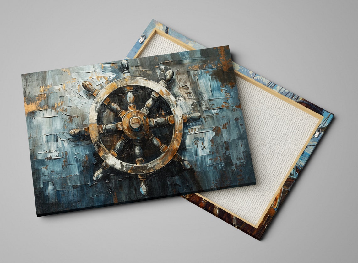 Antique Ships Wheel Blue Gray Gold Impasto Nautical Maritime Poster - Image 4