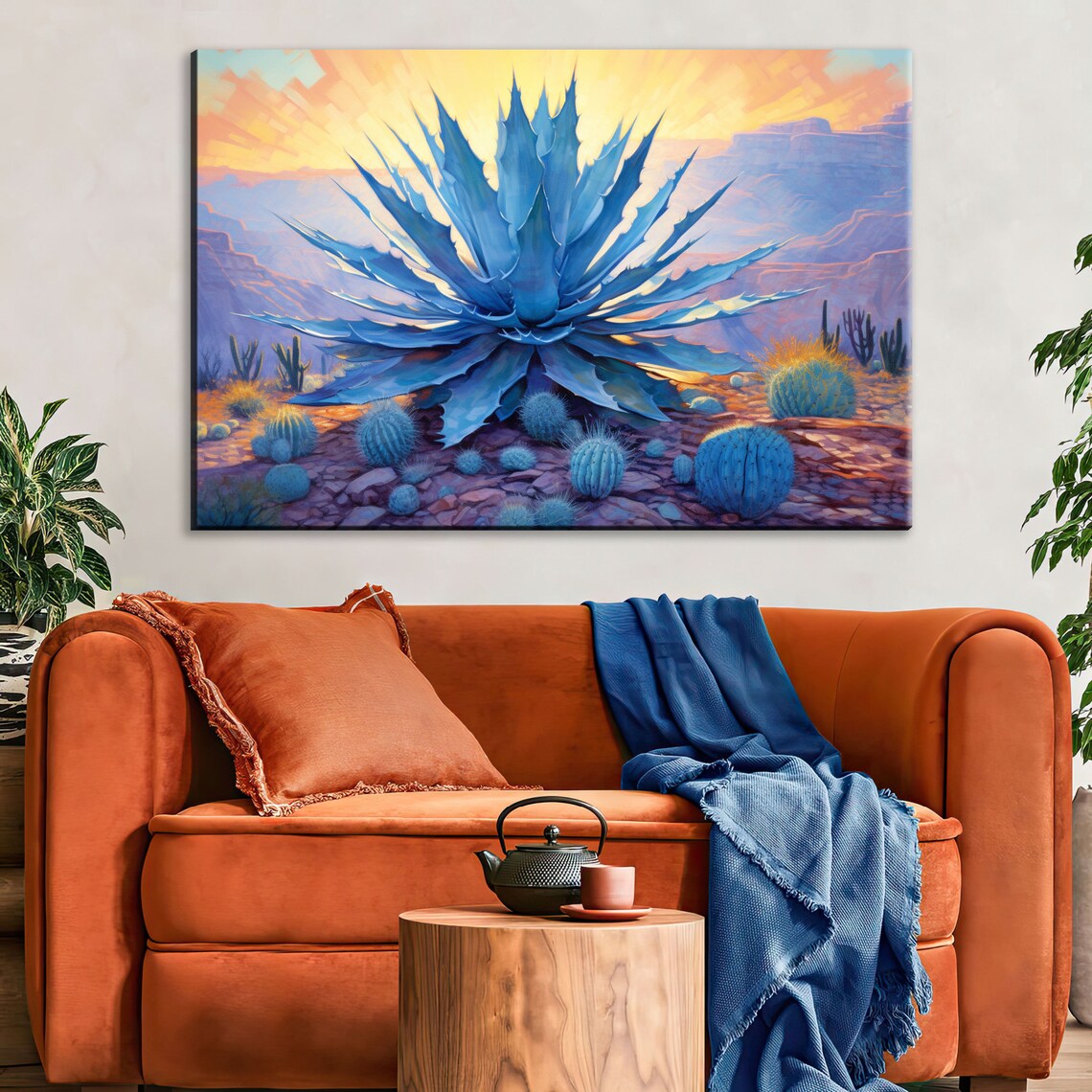 Vivid Blue Agave With Barrel Cacti Desert Art Southwest Sunset Giclee Print On Artist Extra Large Sizes - Image 2