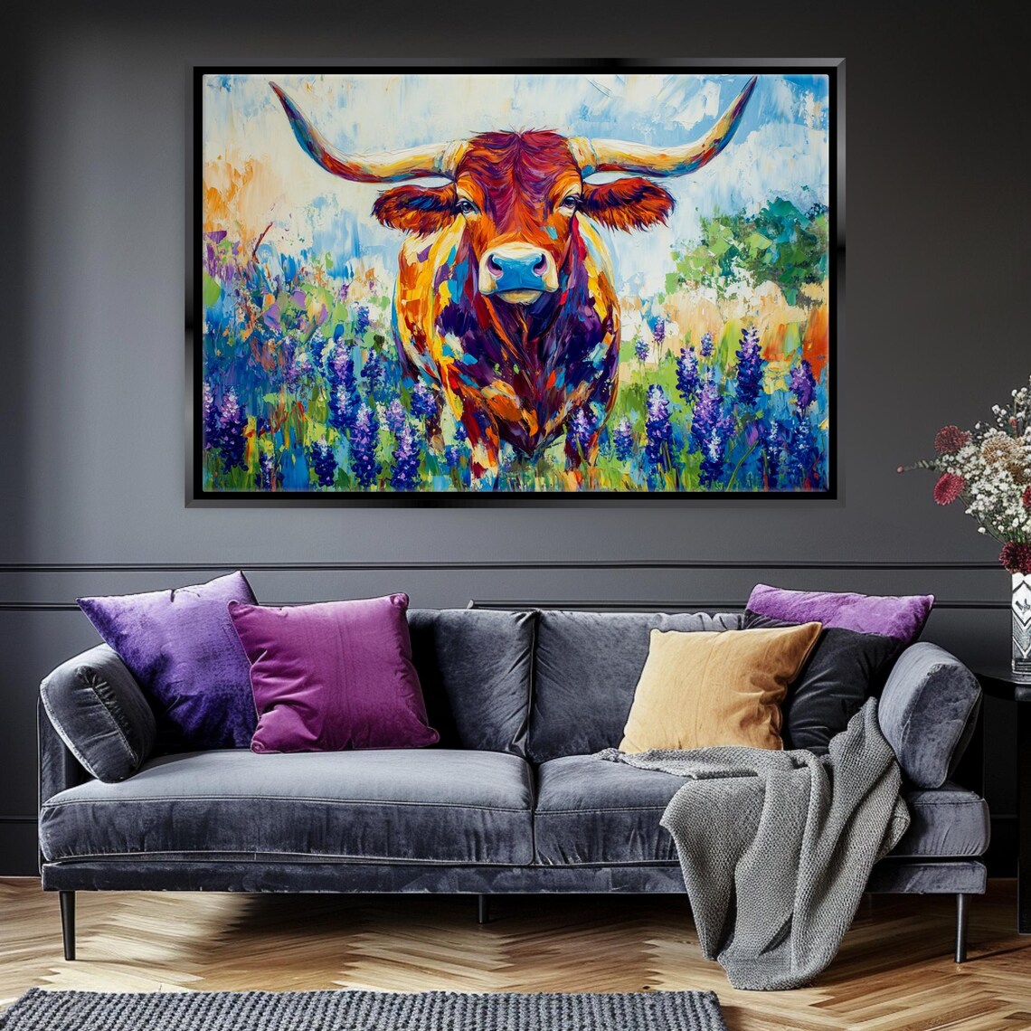 Texas Longhorn in Bluebonnets Art Print, Western Decor - Image 4