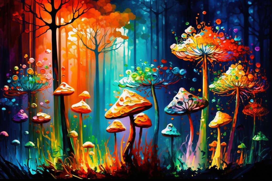 Magic Mushrooms Wall Art Psychedelic Trip Painting Glowing Shrooms Giclee Print - Image 5