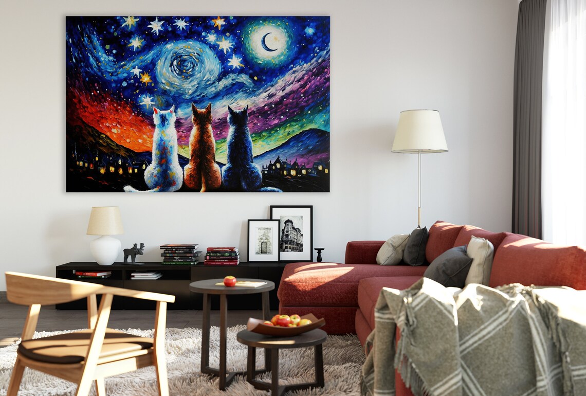Starry Night Cats, Van Gogh-Inspired Art Print - Image 3