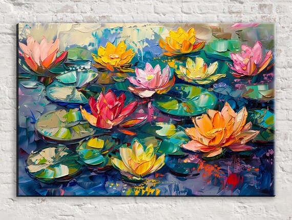 Vibrant Impasto Water Lilies Palette Knife Colorful Floral Art Poster