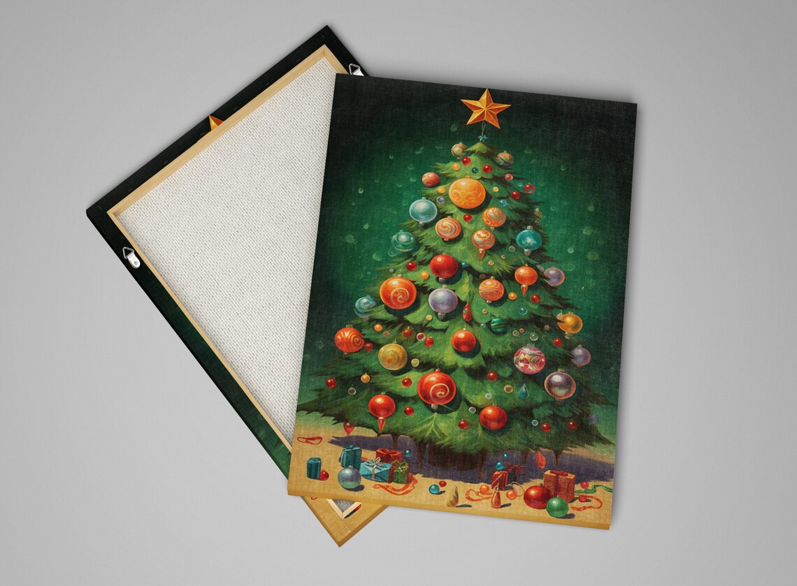 Festive Holiday Tree Illustration Giclee Print On Gallery Wrapped Artist Ready To Hang Available In Extra Large Sizes - Image 5