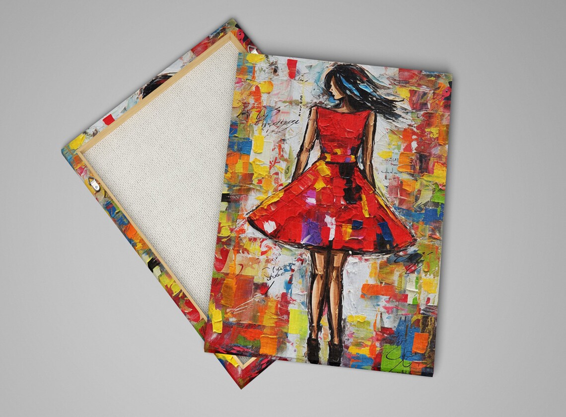 Woman in Red Dress Impasto Painting Elegant Back View Poster - Image 4