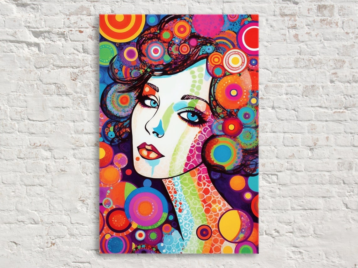 Retro 60s Glam Woman Face Psychedelic Circles Pop Art Poster
