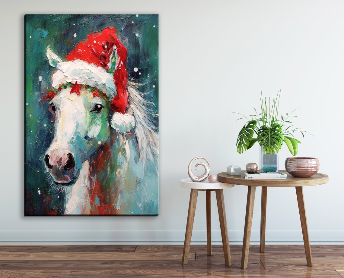 Horse in Santa Hat, Farmhouse Christmas Art Print - Image 2