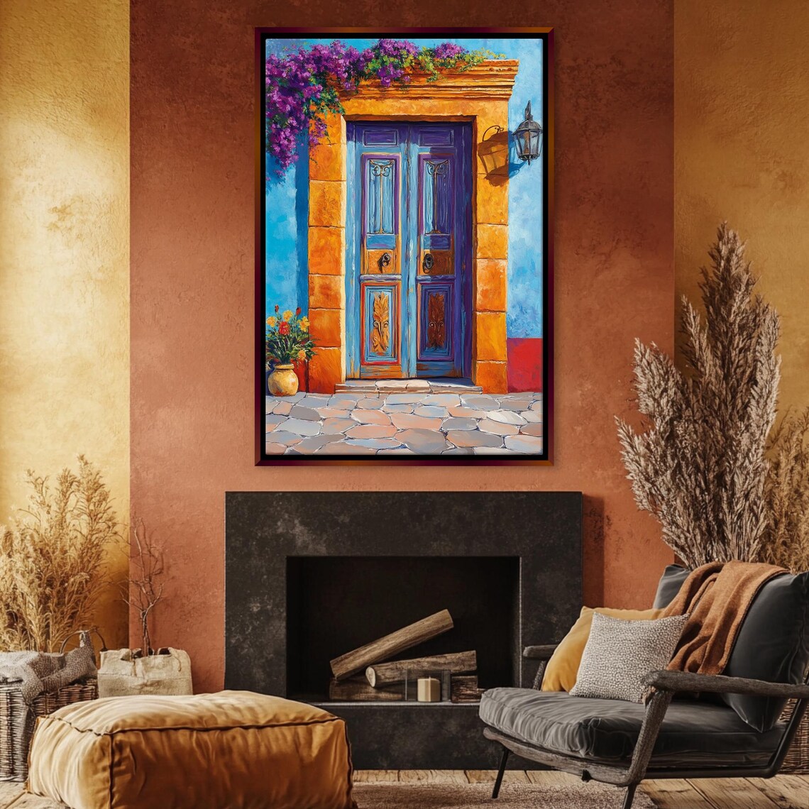 Vibrant Cobalt Blue Mexican Door Bougainvillea Lantern Courtyard Art Poster