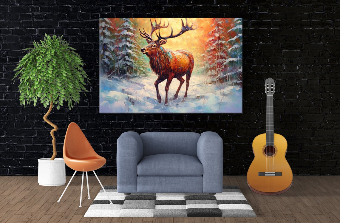 Majestic Elk Snowy Forest Golden Sunset Big Antlers Winter Art Print - Image 4