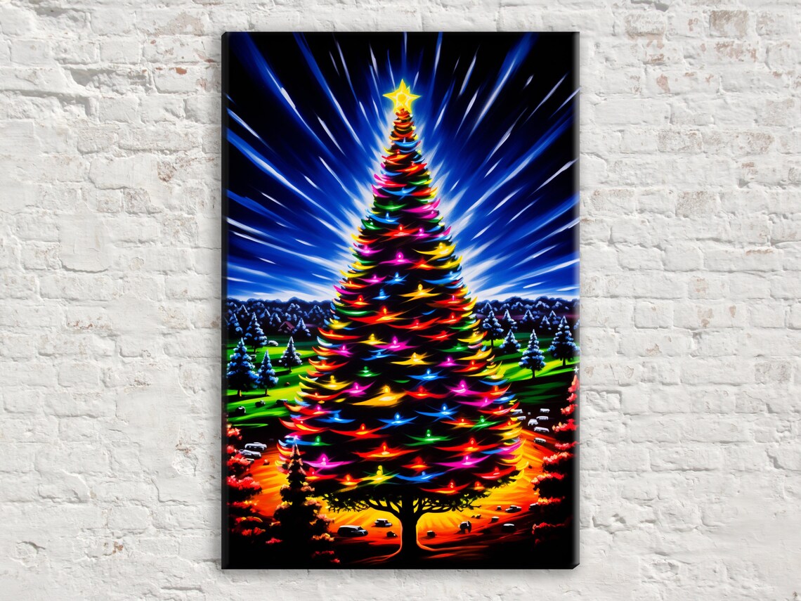 Vibrant Rainbow Lit Christmas Tree Night Sky Snowy Village Art Poster