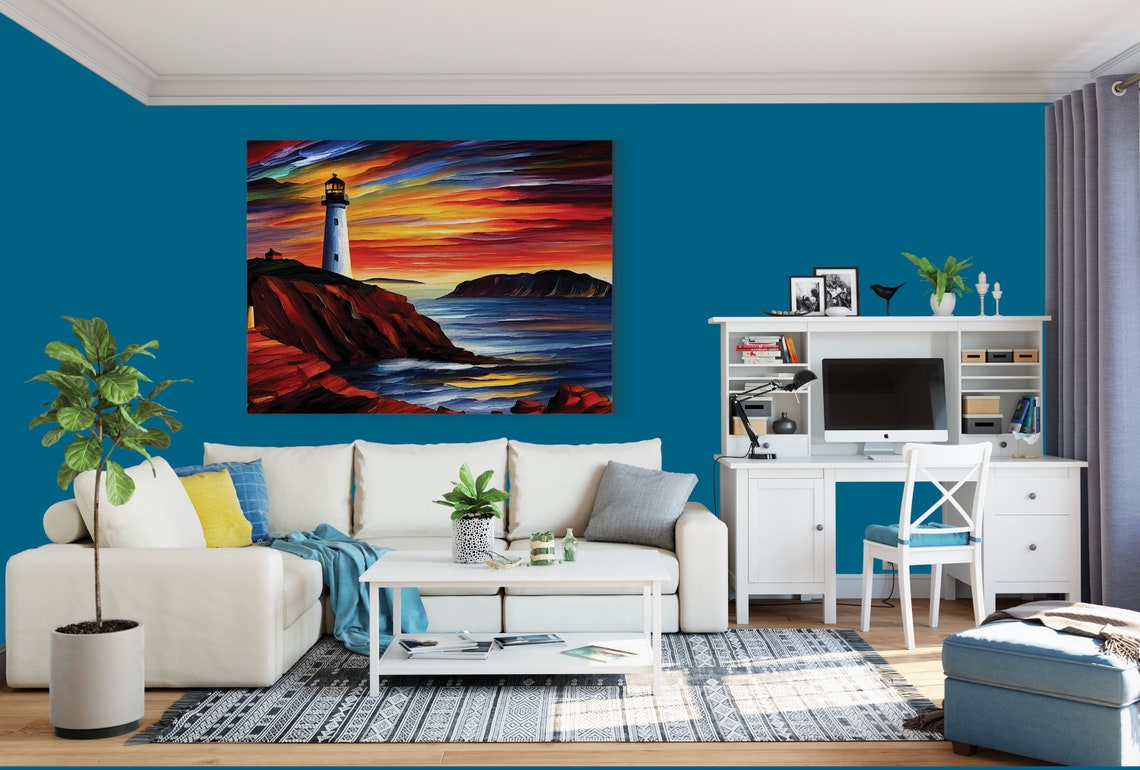 Lighthouse on Red Cliffs at Sunset Dramatic Ocean Coast View Poster - Image 2