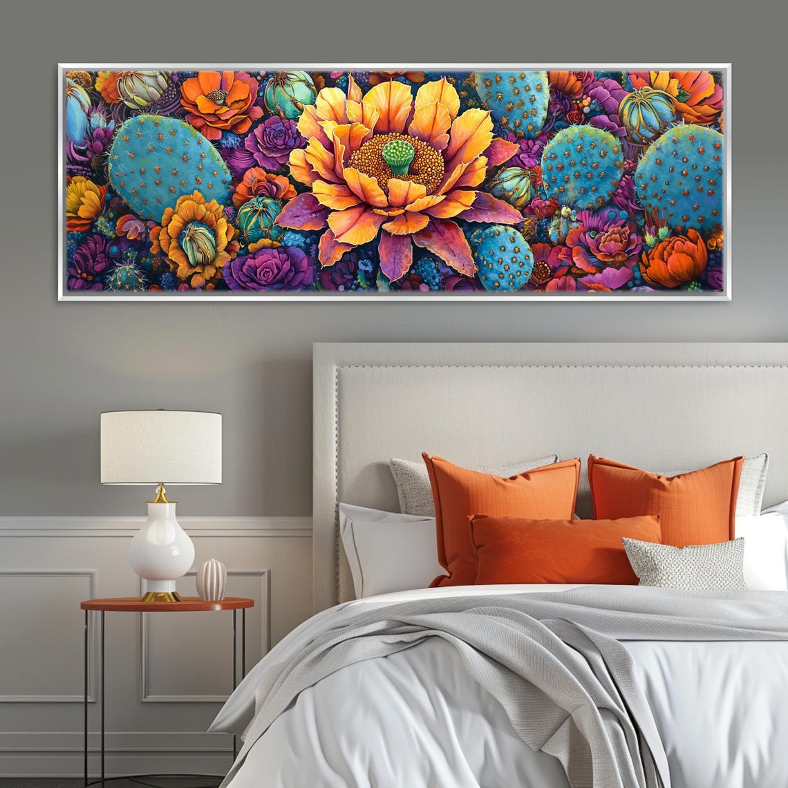 Desert Cactus Bloom Panoramic Vibrant Orange Purple Flowers Wall Art - Image 4