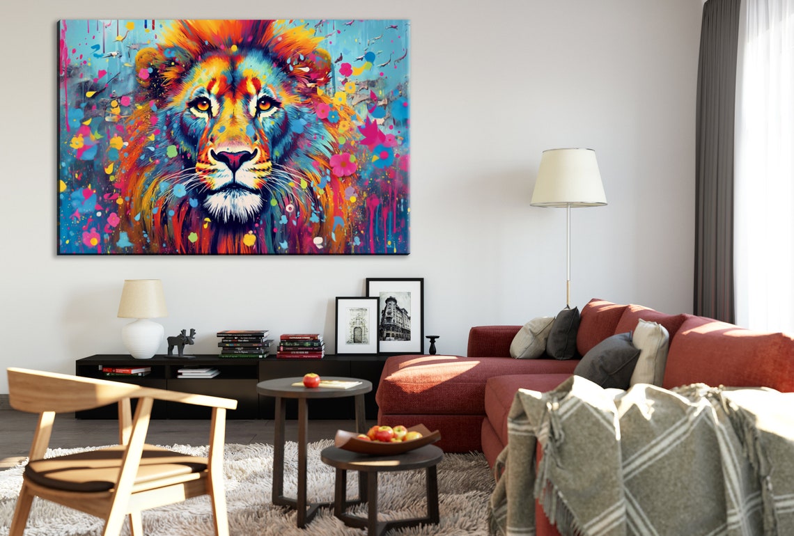 Majestic Colorful Lion Portrait Rainbow Mane Floral Pop Art Poster - Image 2