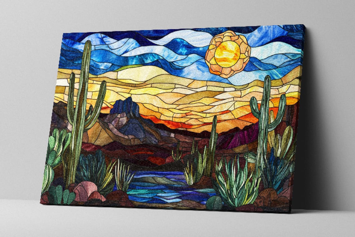 Stained Glass Desert Night Saguaro Cactus Under Sunset Sky Art Poster - Image 2