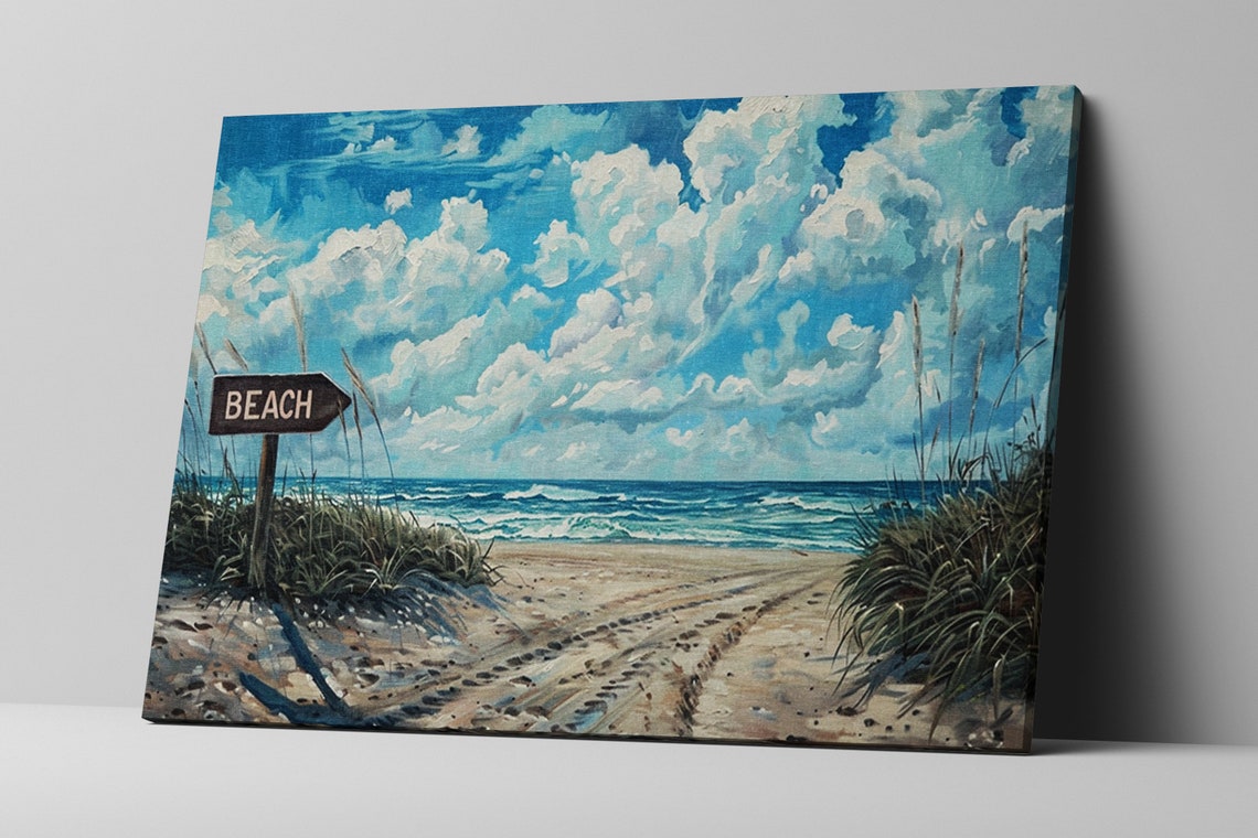 Beach Sign Sandy Path Ocean Horizon Billowing Clouds Coastal Poster - Image 5