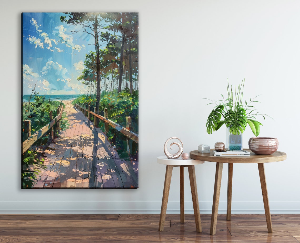 Wooden Boardwalk Path Through Pine Trees To The Ocean Beach Poster - Image 2