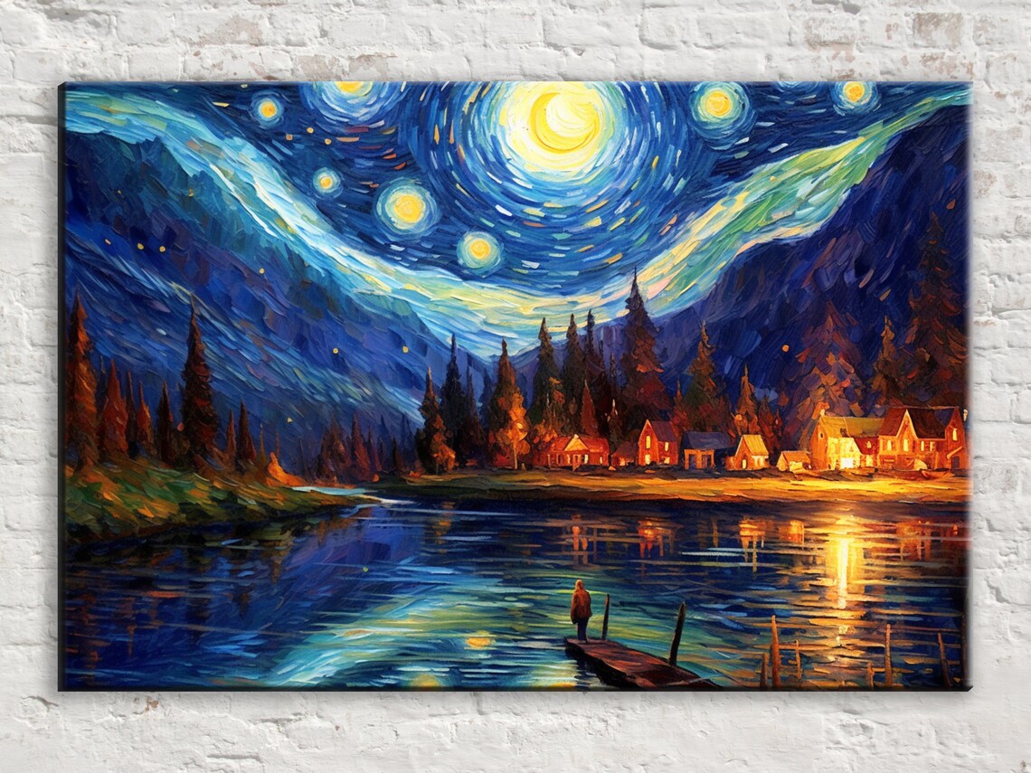 Starry Night Lake House at Night, Van Gogh-Inspired Art Print