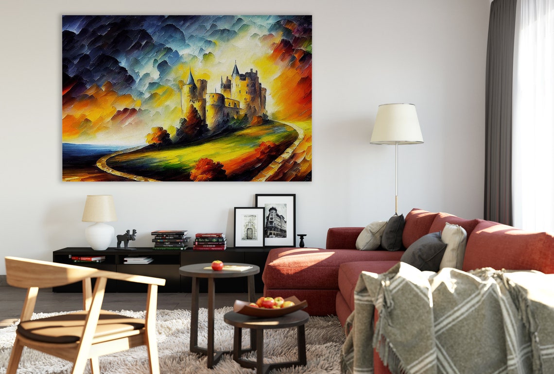 Fantasy Castle Hilltop Golden Sunset Dramatic Clouds Art Poster - Image 2