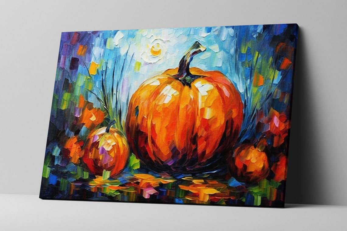 Pumpkins at Night Impasto Painting Harvest Moon Fall Art Poster - Image 5