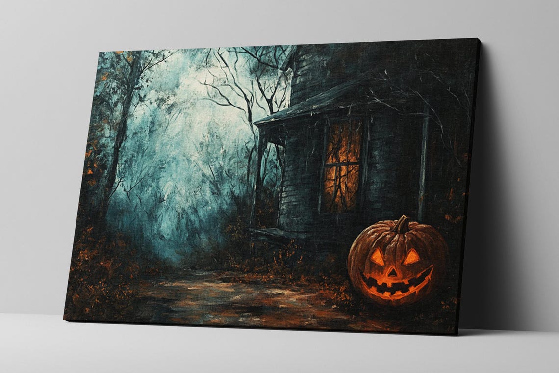 Haunted Halloween House Jack O Lantern Misty Night Spooky Wall Art - Image 2