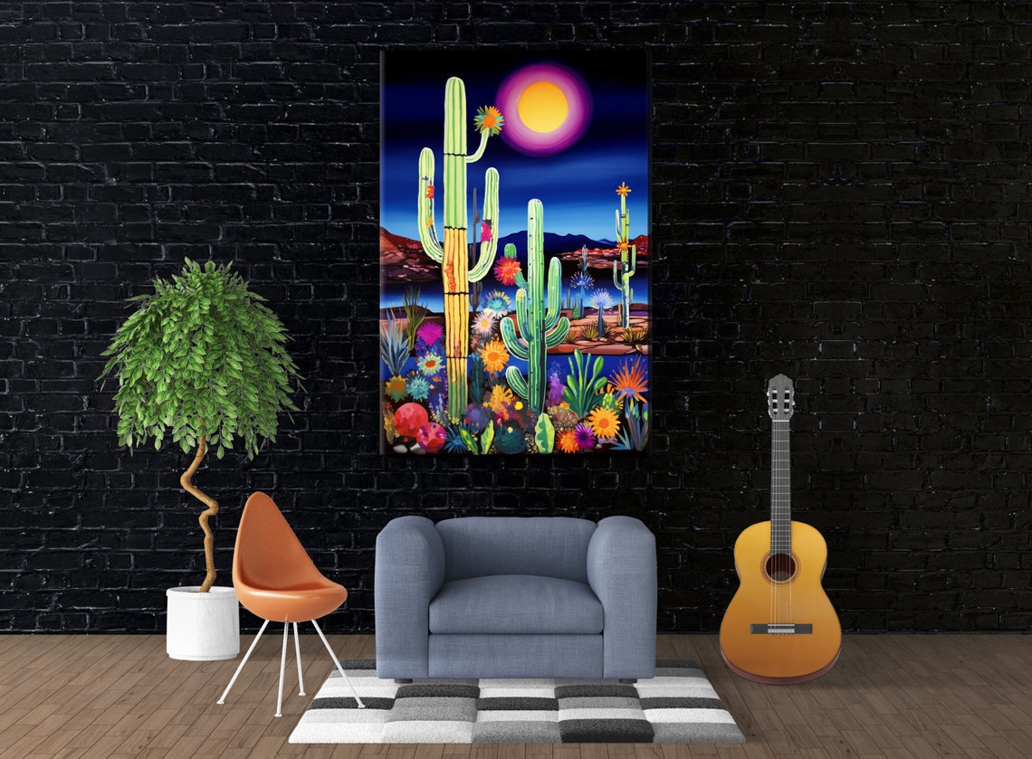 Desert Night Saguaro Cactus Blooming Wildflowers Glowing Moon Poster - Image 2