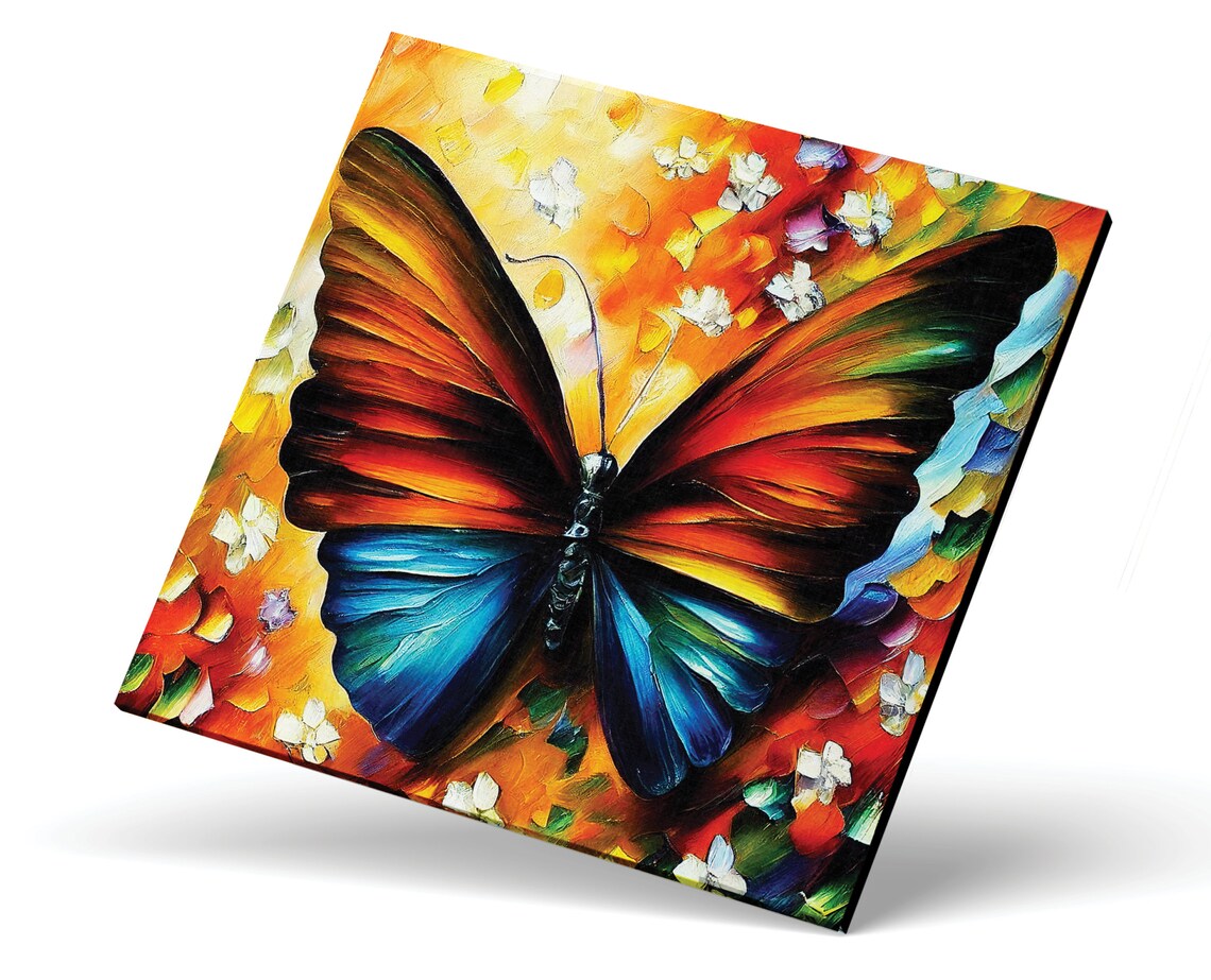 Butterfly Orange Blue Wings Floral Background Colorful Art Poster - Image 4
