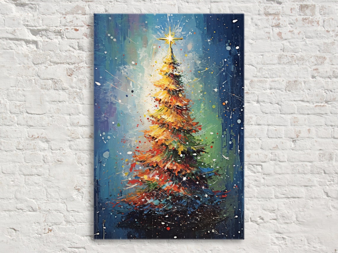 Festive Golden Christmas Tree Blue Night Starry Sky Painting Art Print