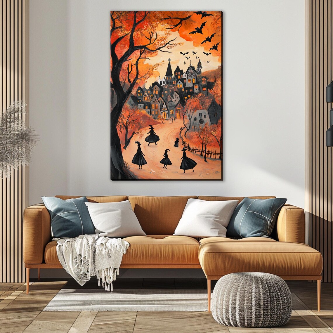 Halloween Witch Town Festive Scene Orange Sky Bats Spooky Village Wall Art - Image 5