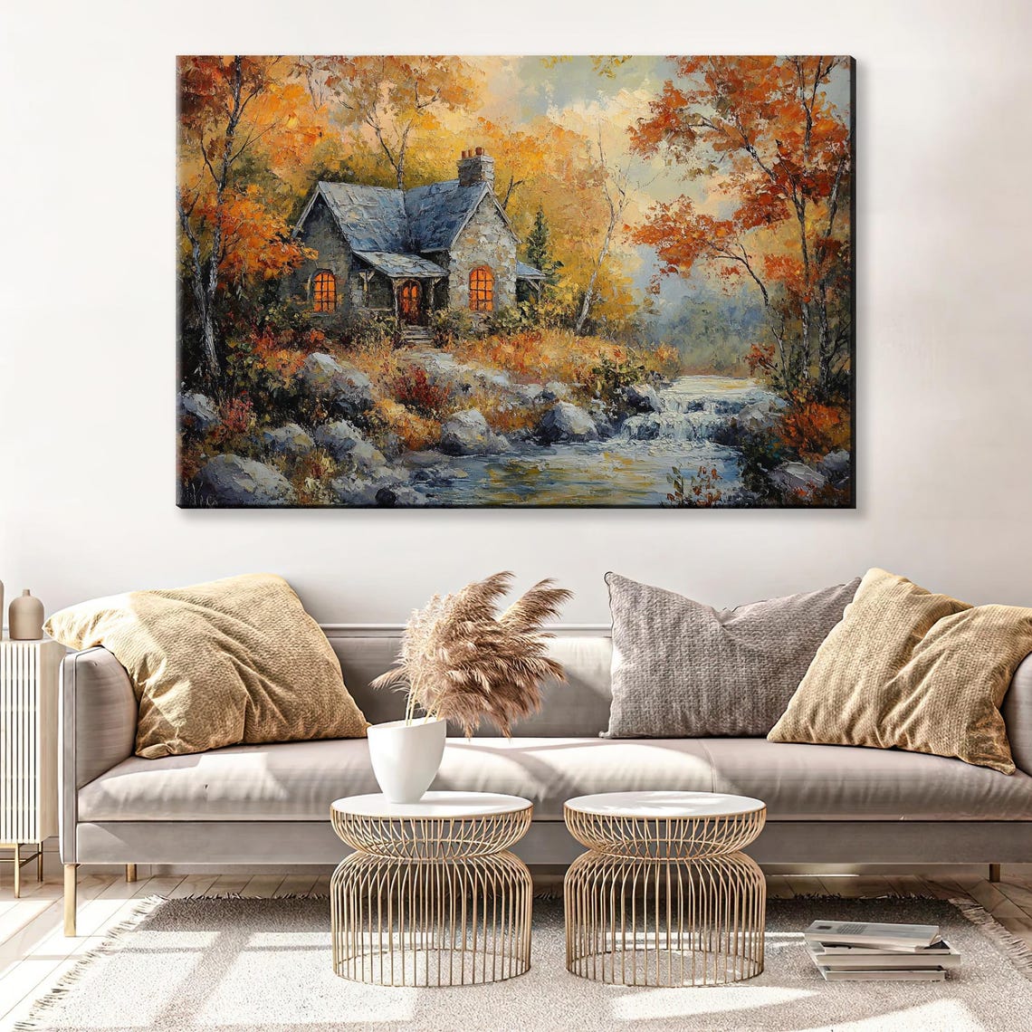 Quaint Stone Cottage Autumn Fall Landscape Stream Warm Glow Wall Art - Image 4