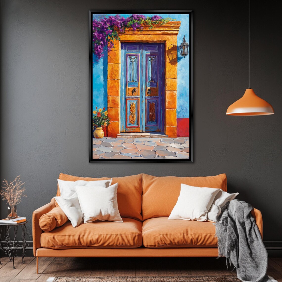 Vibrant Cobalt Blue Mexican Door Bougainvillea Lantern Courtyard Art Poster - Image 5