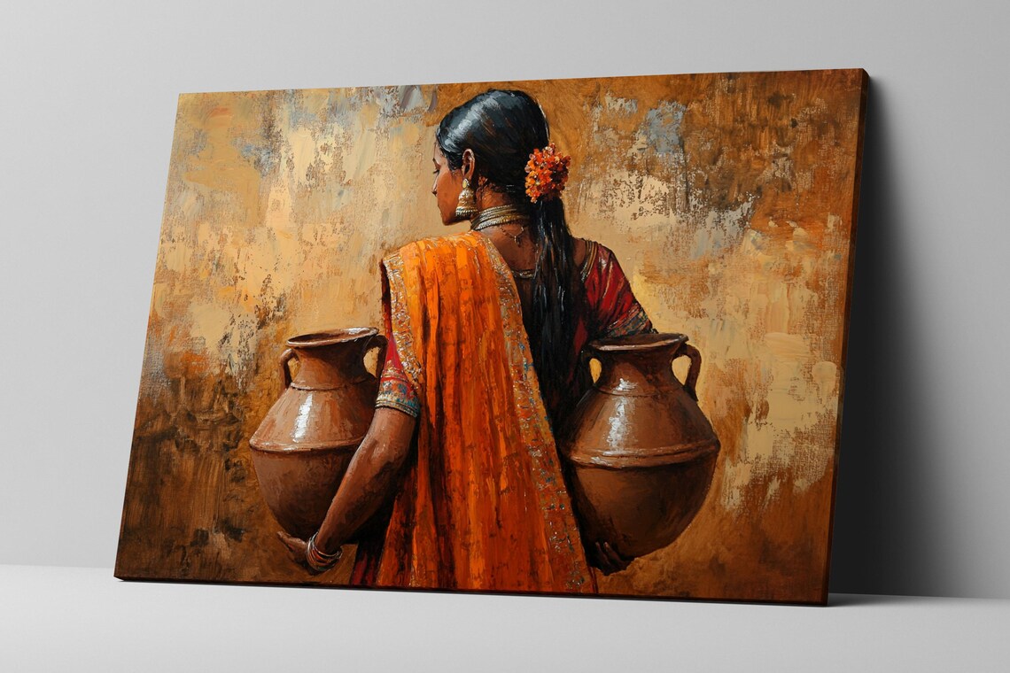 Traditional Indian Woman Carrying Pots Art Print - Image 2