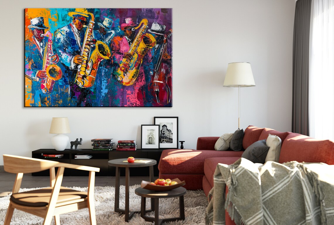 Vibrant Saxophone Jazz Band Five Musicians Suits Hats Colorful Art Poster - Image 2
