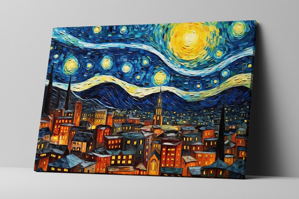 Starry Night City Skyline Swirling Blue Yellow Van Gogh Style Poster - Image 5
