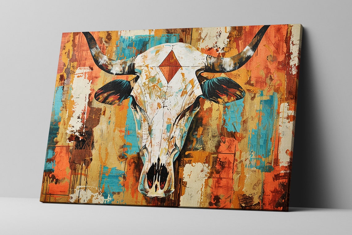 Rustic Texas Style Cow Skull Wall Art Gicle Print On Gallery Wrapped Artist Ready To Hang Available In Extra Large Sizes - Image 4